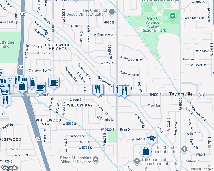 map of restaurants, bars, coffee shops, grocery stores, and more near 3261 Royalwood Drive in Taylorsville