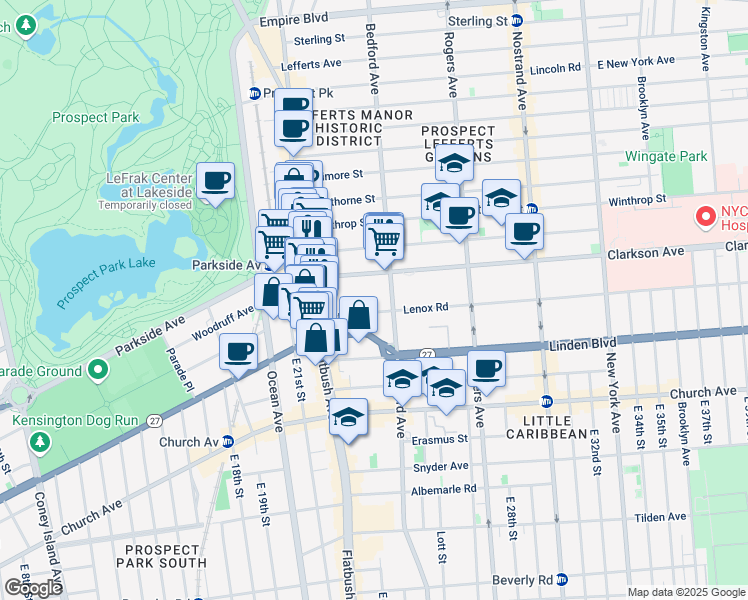 map of restaurants, bars, coffee shops, grocery stores, and more near 75 Lenox Road in Brooklyn