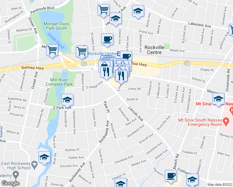 map of restaurants, bars, coffee shops, grocery stores, and more near 104 Lincoln Avenue in Rockville Centre