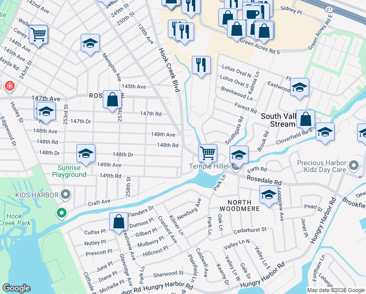 map of restaurants, bars, coffee shops, grocery stores, and more near Hook Creek Blvd & 148th Rd in Queens