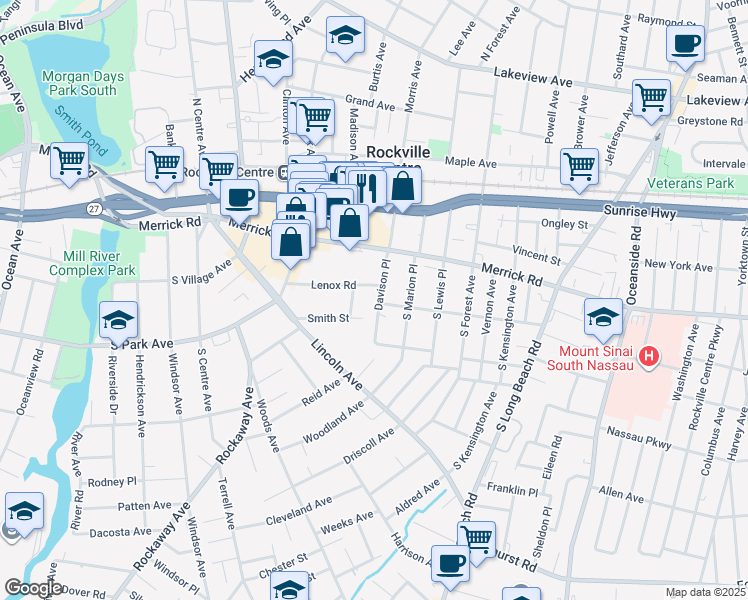 map of restaurants, bars, coffee shops, grocery stores, and more near 88 Lenox Road in Rockville Centre