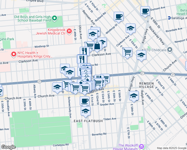map of restaurants, bars, coffee shops, grocery stores, and more near 785 Linden Boulevard in Brooklyn