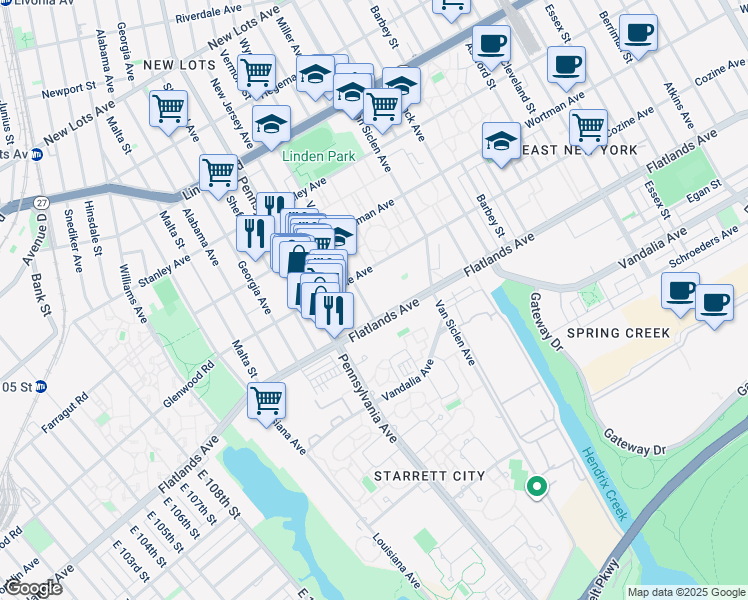 map of restaurants, bars, coffee shops, grocery stores, and more near 12205 Flatlands Avenue in Brooklyn
