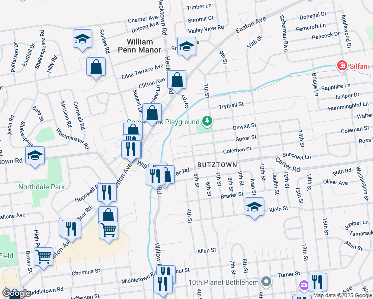 map of restaurants, bars, coffee shops, grocery stores, and more near 3432 Spear Street in Bethlehem