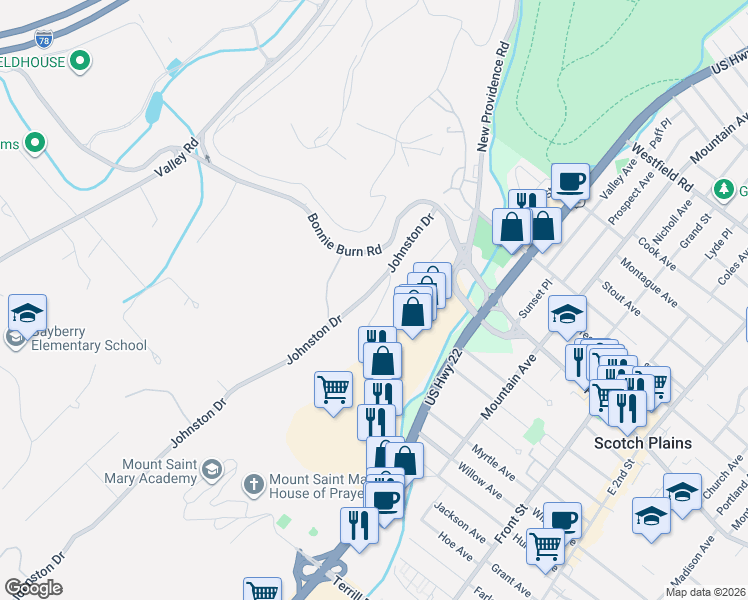 map of restaurants, bars, coffee shops, grocery stores, and more near 1280 Johnston Drive in Watchung