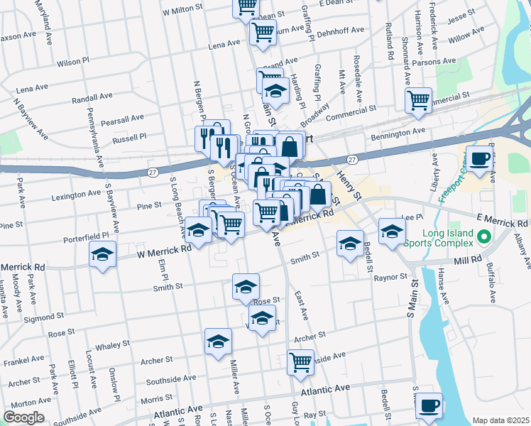 map of restaurants, bars, coffee shops, grocery stores, and more near 87 Pine Street in Freeport