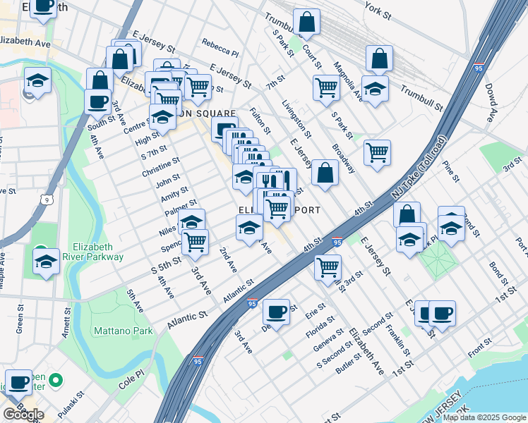 map of restaurants, bars, coffee shops, grocery stores, and more near 520 Elizabeth Avenue in Elizabeth