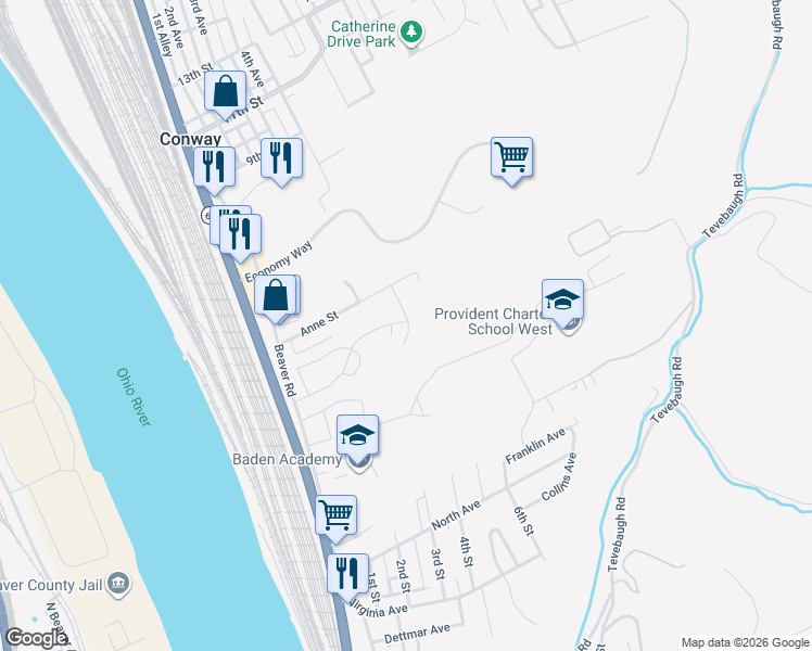 map of restaurants, bars, coffee shops, grocery stores, and more near 206 Anne Street in Baden