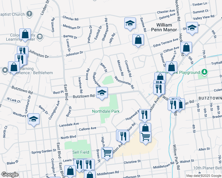 map of restaurants, bars, coffee shops, grocery stores, and more near 1944 Woodbury Road in Bethlehem
