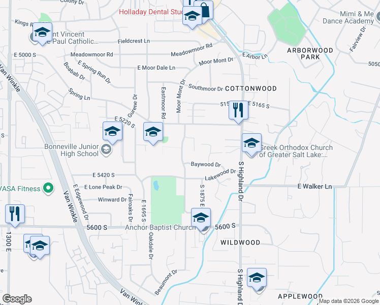 map of restaurants, bars, coffee shops, grocery stores, and more near 5334 South Cottonwood Club Drive in Holladay