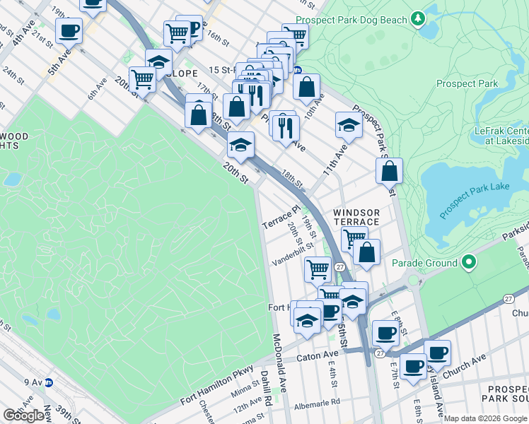 map of restaurants, bars, coffee shops, grocery stores, and more near 35 McDonald Avenue in Brooklyn