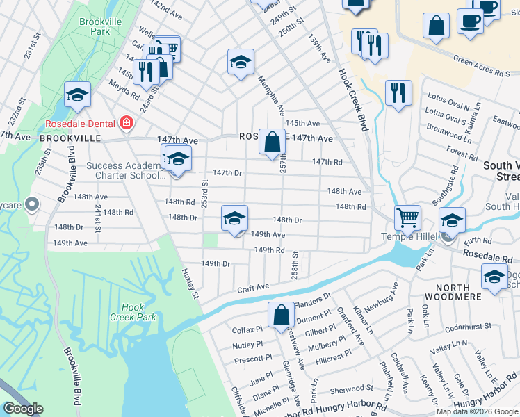 map of restaurants, bars, coffee shops, grocery stores, and more near 255-03 148th Road in Queens