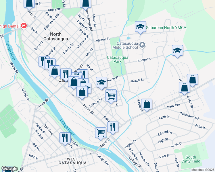 map of restaurants, bars, coffee shops, grocery stores, and more near 343 Howertown Road in Catasauqua