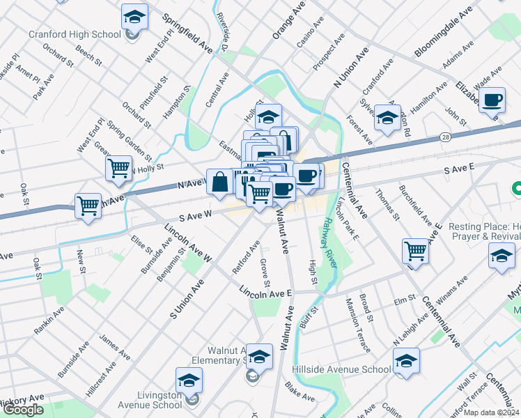 map of restaurants, bars, coffee shops, grocery stores, and more near 2 South Avenue East in Cranford