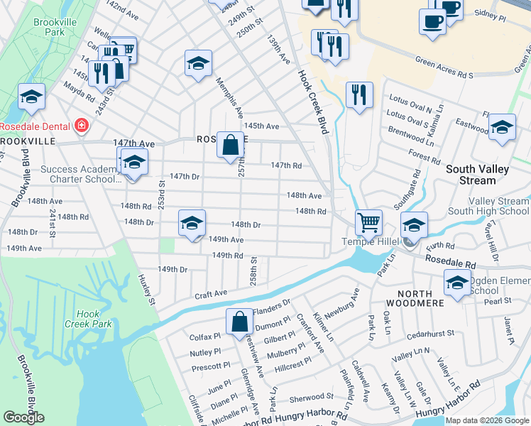 map of restaurants, bars, coffee shops, grocery stores, and more near 257-23 148th Road in Queens