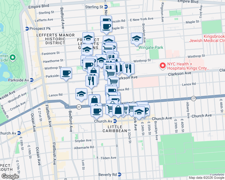 map of restaurants, bars, coffee shops, grocery stores, and more near 1308 Nostrand Avenue in Brooklyn
