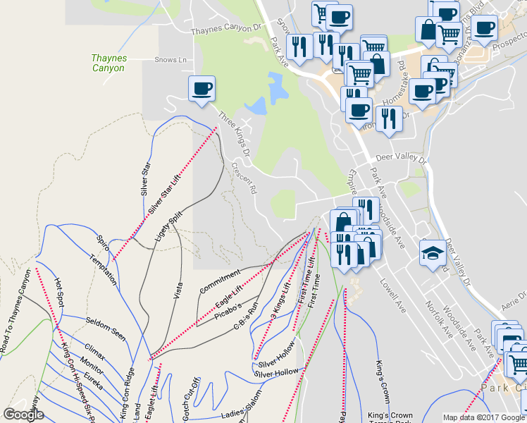 map of restaurants, bars, coffee shops, grocery stores, and more near 1434 Crescent Road in Park City