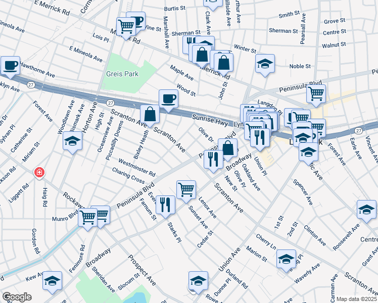 map of restaurants, bars, coffee shops, grocery stores, and more near 75 Sunrise Drive in Lynbrook