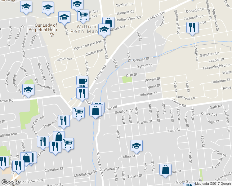 map of restaurants, bars, coffee shops, grocery stores, and more near 3432 Spear Street in Bethlehem