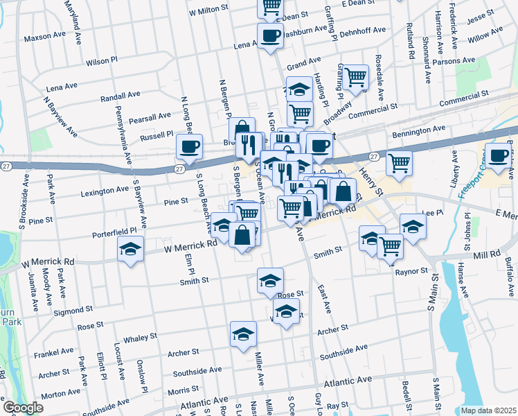 map of restaurants, bars, coffee shops, grocery stores, and more near 100 South Ocean Avenue in Freeport