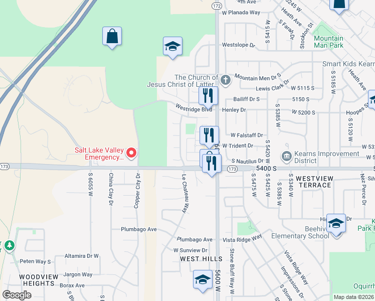 map of restaurants, bars, coffee shops, grocery stores, and more near 5323 Rocky Ridge Road in West Valley City