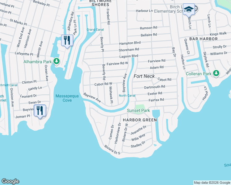 map of restaurants, bars, coffee shops, grocery stores, and more near 11 Rockaway Place in Massapequa