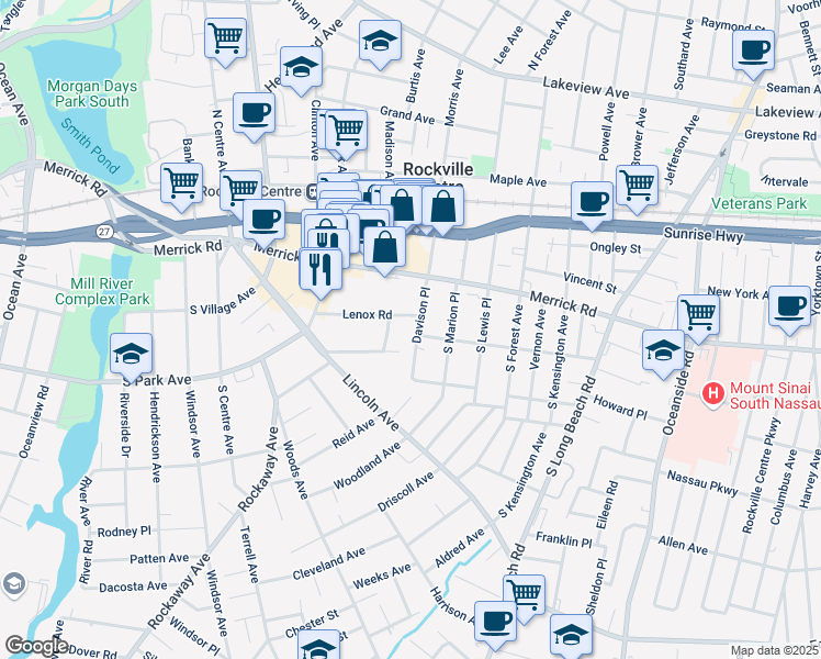 map of restaurants, bars, coffee shops, grocery stores, and more near 88 Lenox Road in Rockville Centre