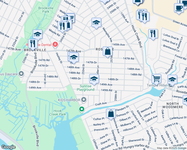 map of restaurants, bars, coffee shops, grocery stores, and more near 253-37 148th Road in Queens