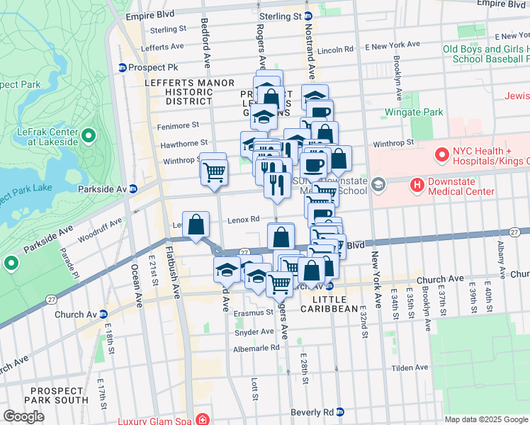 map of restaurants, bars, coffee shops, grocery stores, and more near 690 Rogers Avenue in Brooklyn