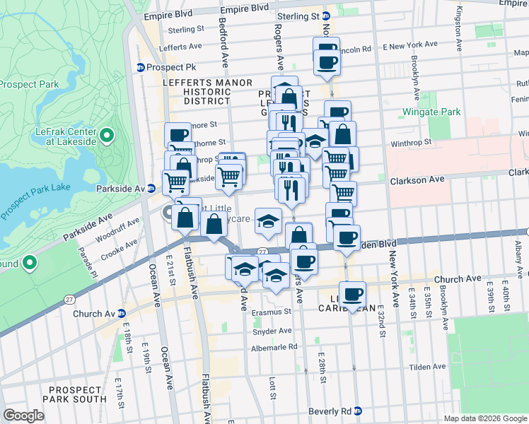 map of restaurants, bars, coffee shops, grocery stores, and more near 151 Lenox Road in Brooklyn
