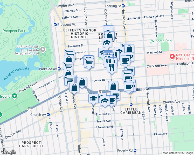 map of restaurants, bars, coffee shops, grocery stores, and more near 151 Lenox Road in Brooklyn