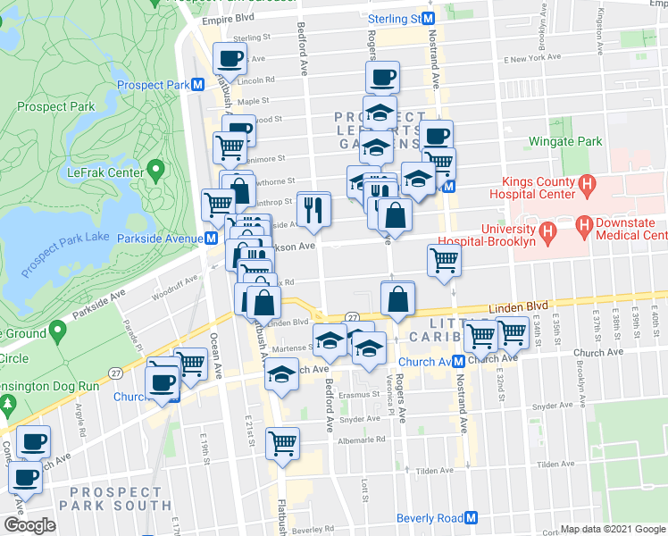 map of restaurants, bars, coffee shops, grocery stores, and more near 2055 Bedford Avenue in Brooklyn