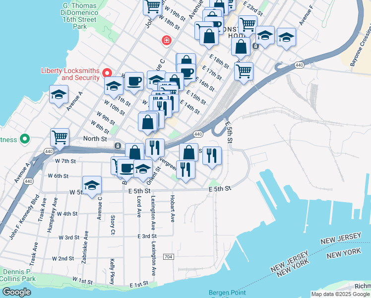 map of restaurants, bars, coffee shops, grocery stores, and more near 6 West Oak Court in Bayonne