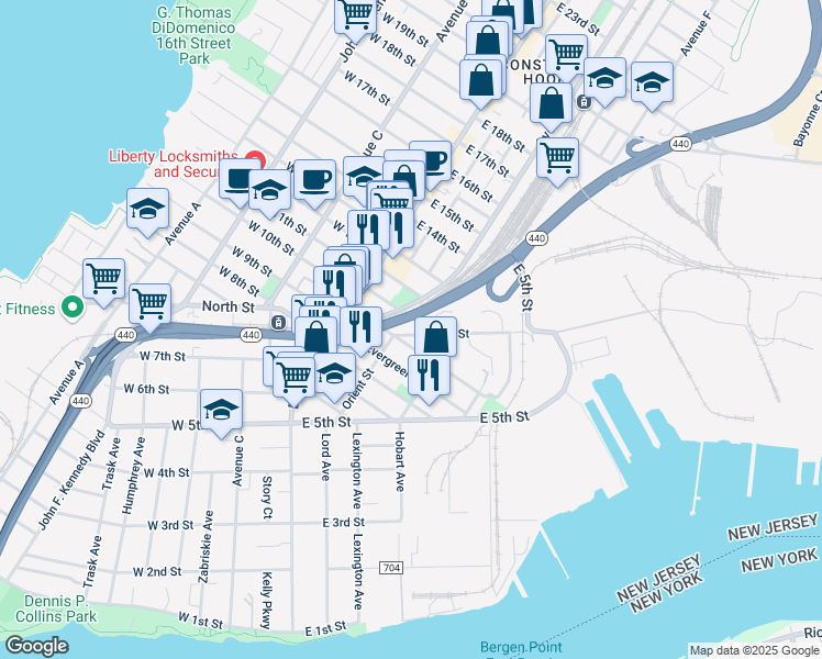 map of restaurants, bars, coffee shops, grocery stores, and more near 37 Linnet Street in Bayonne