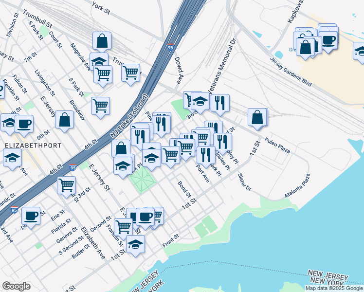 map of restaurants, bars, coffee shops, grocery stores, and more near 235 Port Avenue in Elizabeth