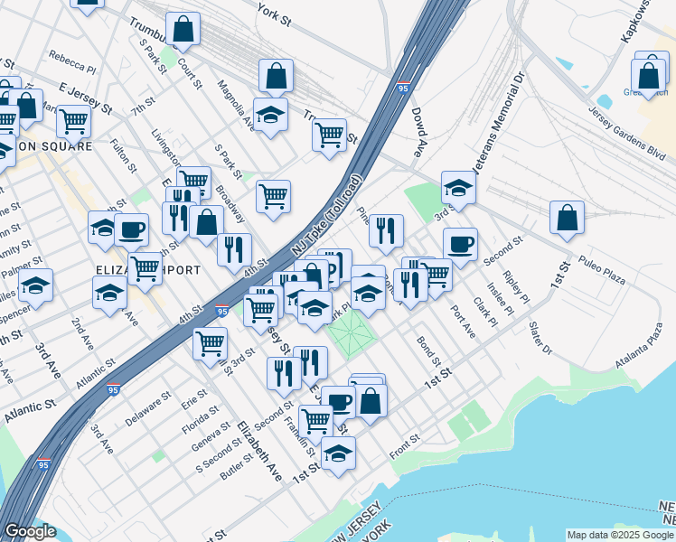 map of restaurants, bars, coffee shops, grocery stores, and more near 319 Court Street in Elizabeth
