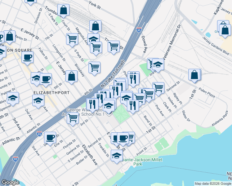 map of restaurants, bars, coffee shops, grocery stores, and more near 319 Court Street in Elizabeth