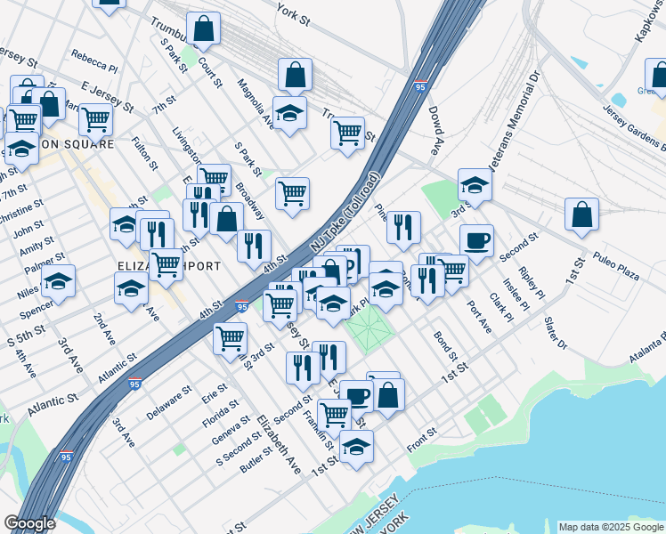 map of restaurants, bars, coffee shops, grocery stores, and more near 335 South Park Street in Elizabeth