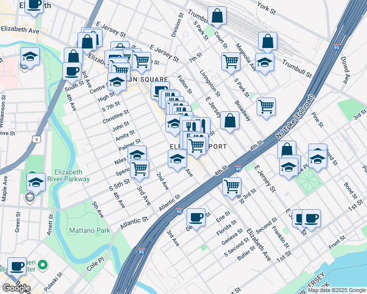 map of restaurants, bars, coffee shops, grocery stores, and more near 520 Elizabeth Avenue in Elizabeth