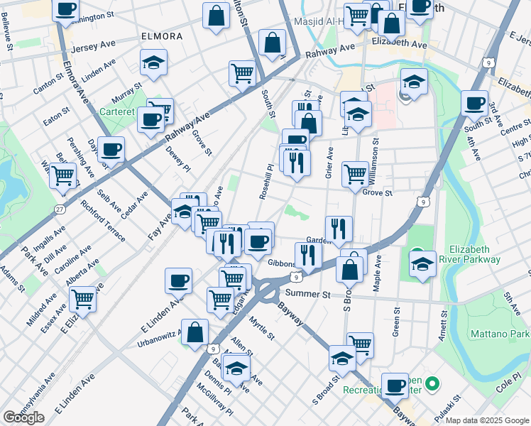map of restaurants, bars, coffee shops, grocery stores, and more near 432 Rosehill Place in Elizabeth