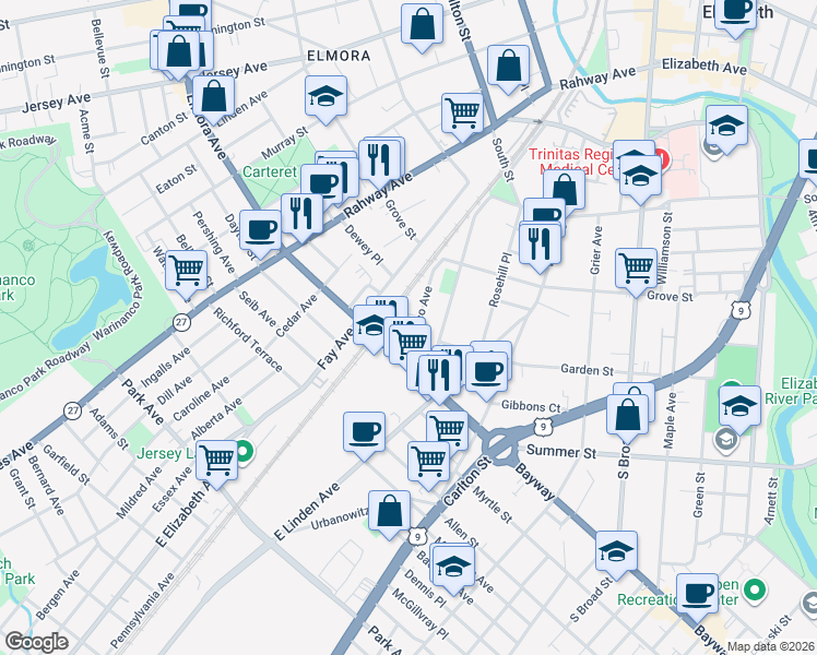 map of restaurants, bars, coffee shops, grocery stores, and more near 443 Erico Avenue in Elizabeth