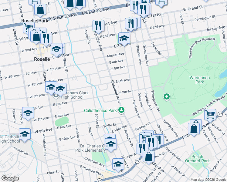 map of restaurants, bars, coffee shops, grocery stores, and more near 608 Chandler Avenue in Roselle