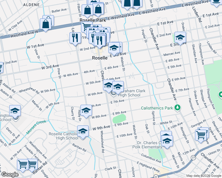 map of restaurants, bars, coffee shops, grocery stores, and more near 519 Chestnut Street in Roselle