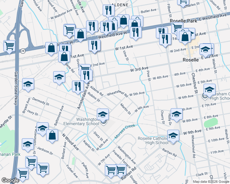 map of restaurants, bars, coffee shops, grocery stores, and more near 421 West 4th Avenue in Roselle
