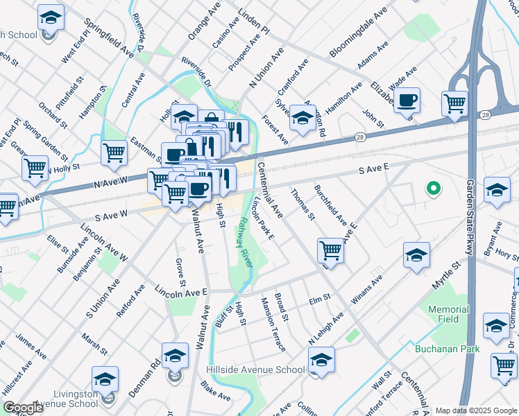map of restaurants, bars, coffee shops, grocery stores, and more near 105 Lincoln Park East in Cranford