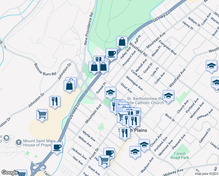 map of restaurants, bars, coffee shops, grocery stores, and more near 242 Union Avenue in Scotch Plains
