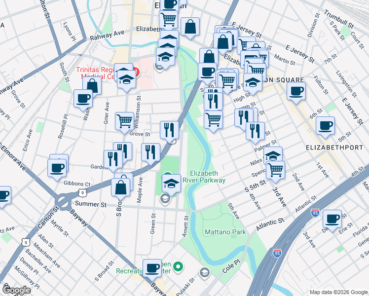 map of restaurants, bars, coffee shops, grocery stores, and more near 415-417 Clarkson Avenue in Elizabeth