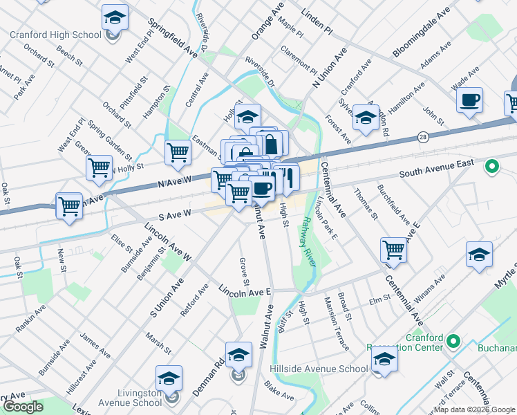 map of restaurants, bars, coffee shops, grocery stores, and more near 104 South Avenue East in Cranford