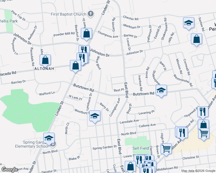 map of restaurants, bars, coffee shops, grocery stores, and more near 1634 Best Place in Bethlehem