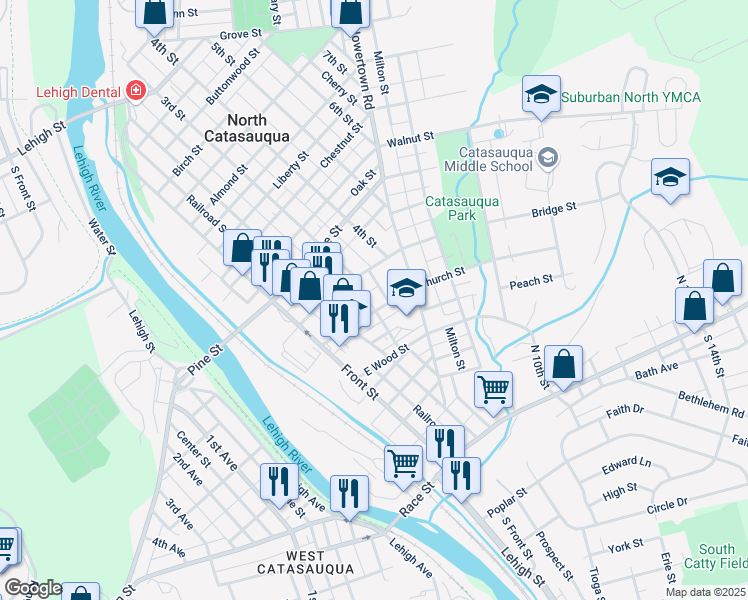 map of restaurants, bars, coffee shops, grocery stores, and more near in Catasauqua